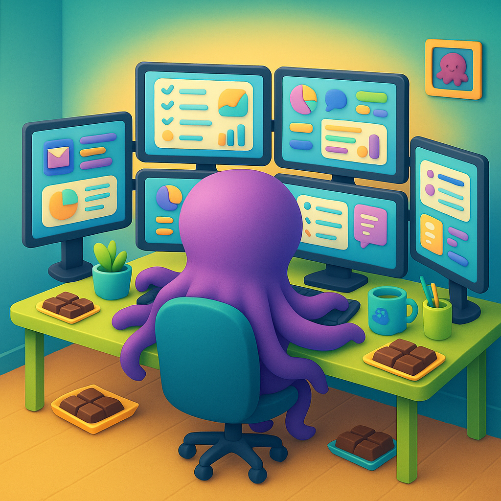 Purple octopus coding at desk